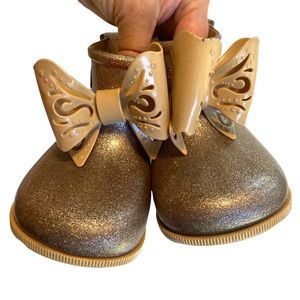Mini Melissa Gold Sparkle Rubber Girls Boots with Bow Side Snap Size 10 Toddler
